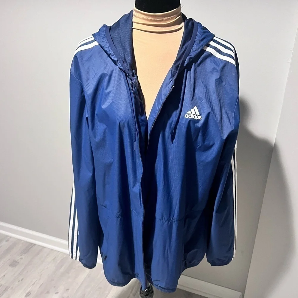 Adidas Royal Blue 3-Stripe Hooded Windbreaker Jacket